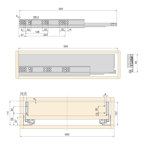 Kit cassetto per cucina o bagno Vertex di altezza 93mm con pannelli inclusi e regolazione 3D