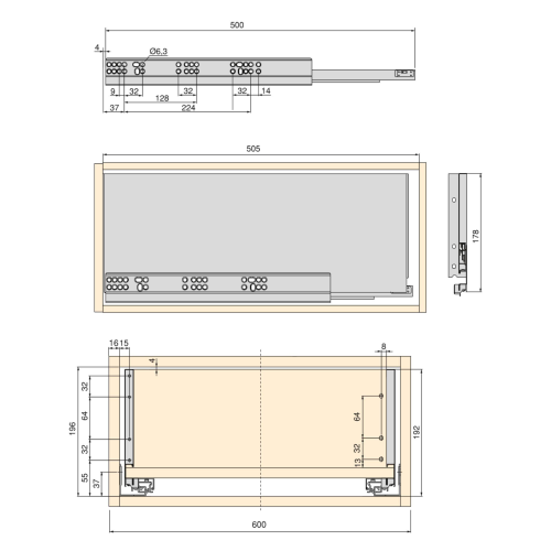 Kit cassetto per cucina o bagno Vertex di altezza 178mm con pannelli inclusi e regolazione 3D