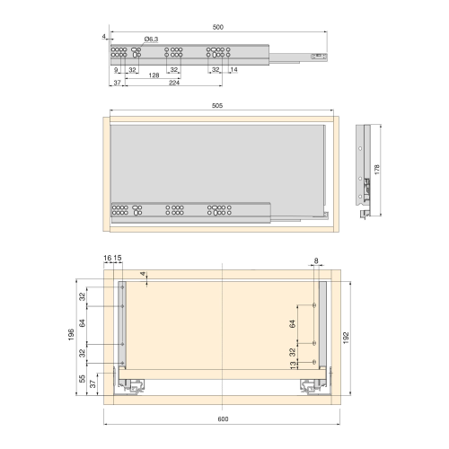 Kit cassetto per cucina o bagno Vertex di altezza 178mm con pannelli inclusi e regolazione 3D