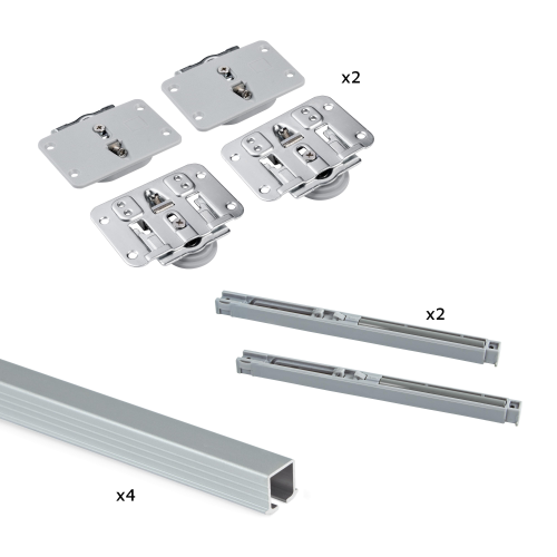 Sistema Flow in formato kit per armadio a 2 ante scorrevoli in legno supportate con chiusura ammortizzata