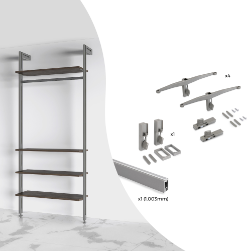 Kit Zero di supporti per mensole in legno e barra appendiabiti