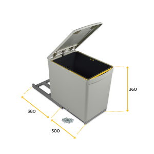 Pattumiera per differenziata, fissaggio inferiore estrazione manuale, 1 contenitore da 16 L e coperchio apertura automatica (L.37,5 P.24 H.39) 1 UN