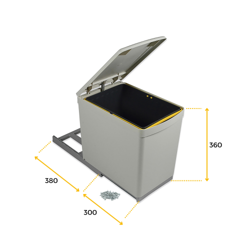 Pattumiera per differenziata, fissaggio inferiore estrazione manuale, 1 contenitore da 16 L e coperchio apertura automatica (L.37,5 P.24 H.39) 1 UN