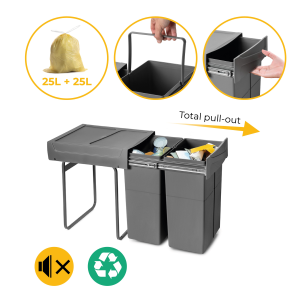 Pattumiere per raccolta differenziata Recycle per cucina, 2 x 25 L, fissaggio inferiore, estrazione manuale