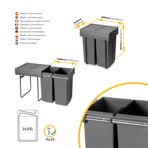 Pattumiere per raccolta differenziata Recycle per cucina, 2 x 25 L, fissaggio inferiore, estrazione manuale