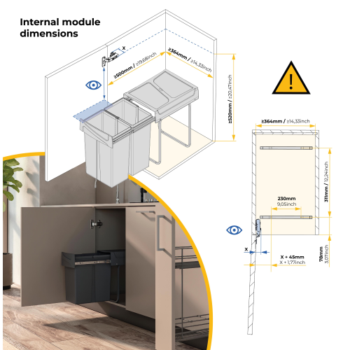 Pattumiere per raccolta differenziata Recycle per cucina, 2 x 25 L, fissaggio inferiore, estrazione manuale