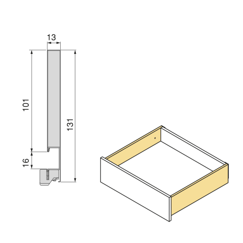 Cassetto esterno Vertex, 40kg, altezza 131mm e regolazione 3D per pannello da 18mm