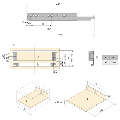Cassetto esterno Simplex 25 kg altezza 88 mm