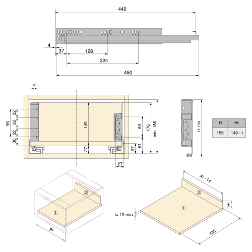 Cassetto esterno Simplex 25 kg altezza 159 mm