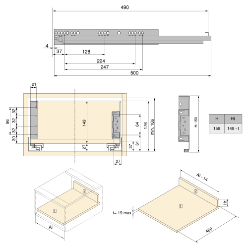 Cassetto esterno Simplex 25 kg altezza 159 mm