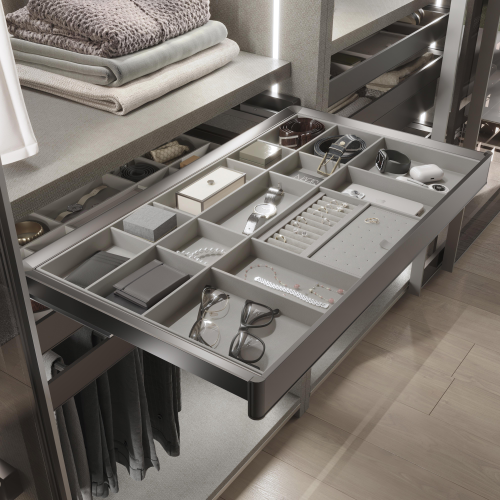 "Kit cassetto organizzatore e telaio regolabile Quartz per armadi, chiusura ammortizzata e estrazione totale