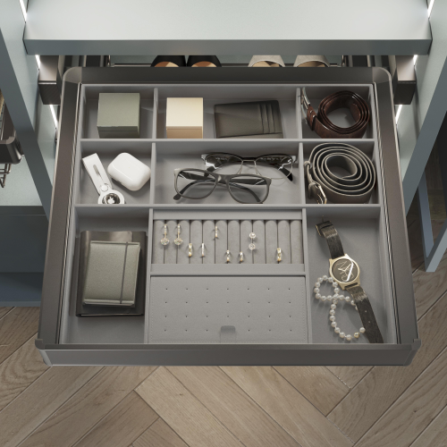 "Kit cassetto organizzatore e telaio regolabile Quartz per armadi, chiusura ammortizzata e estrazione totale