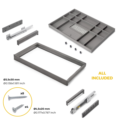 "Kit cassetto organizzatore e telaio regolabile Quartz per armadi, chiusura ammortizzata e estrazione totale