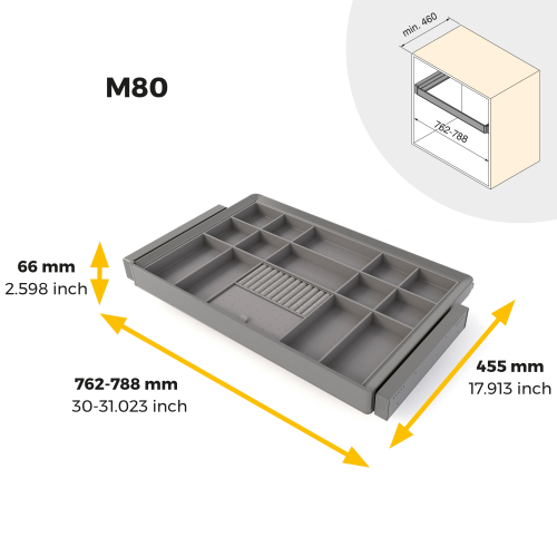 "Kit cassetto organizzatore e telaio regolabile Quartz per armadi, chiusura ammortizzata e estrazione totale