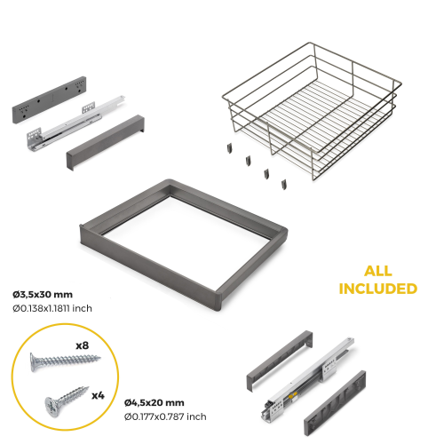 Kit cassetto in filo metallico e telaio regolabile Quartz per armadi, chiusura ammortizzata e estrazione totale