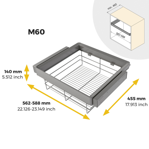 Kit cassetto in filo metallico e telaio regolabile Quartz per armadi, chiusura ammortizzata e estrazione totale