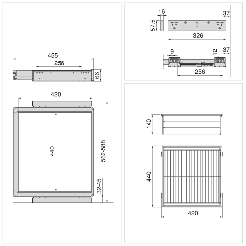 Kit cassetto in filo metallico e telaio regolabile Quartz per armadi, chiusura ammortizzata e estrazione totale