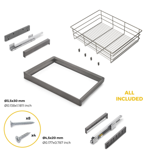 Kit cassetto in filo metallico e telaio regolabile Quartz per armadi, chiusura ammortizzata e estrazione totale