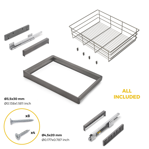 Kit cassetto in filo metallico e telaio regolabile Quartz per armadi, chiusura ammortizzata e estrazione totale