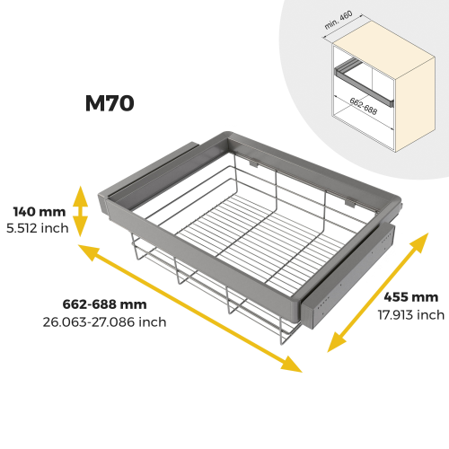 Kit cassetto in filo metallico e telaio regolabile Quartz per armadi, chiusura ammortizzata e estrazione totale