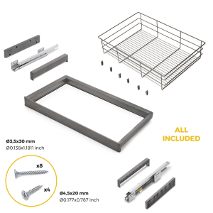 Kit cassetto in filo metallico e telaio regolabile Quartz per armadi, chiusura ammortizzata e estrazione totale