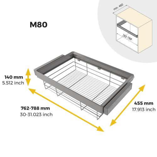 Kit cassetto in filo metallico e telaio regolabile Quartz per armadi, chiusura ammortizzata e estrazione totale