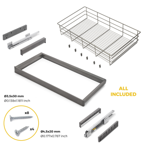 Kit cassetto in filo metallico e telaio regolabile Quartz per armadi, chiusura ammortizzata e estrazione totale