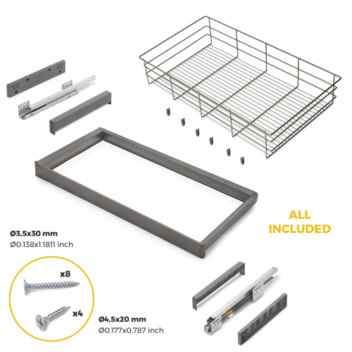 Kit cassetto in filo metallico e telaio regolabile Quartz per armadi, chiusura ammortizzata e estrazione totale