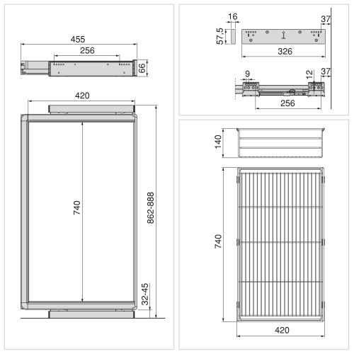 Kit cassetto in filo metallico e telaio regolabile Quartz per armadi, chiusura ammortizzata e estrazione totale
