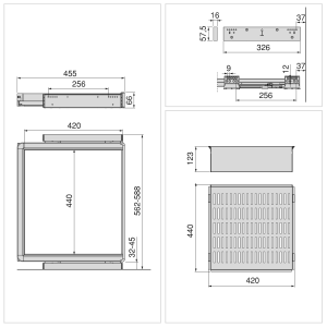 Kit cassetto metallico e telaio regolabile Quartz per armadi, chiusura ammortizzata e estrazione totale