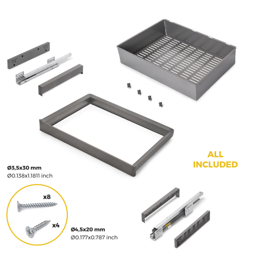 Kit cassetto metallico e telaio regolabile Quartz per armadi, chiusura ammortizzata e estrazione totale
