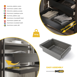 Kit cassetto metallico e telaio regolabile Quartz per armadi, chiusura ammortizzata e estrazione totale