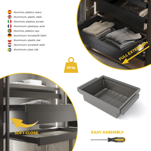 Kit cassetto metallico e telaio regolabile Quartz per armadi, chiusura ammortizzata e estrazione totale