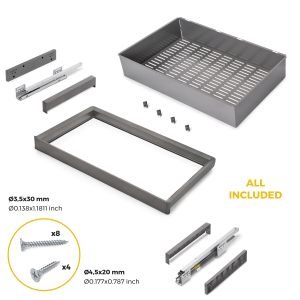 Kit cassetto metallico e telaio regolabile Quartz per armadi, chiusura ammortizzata e estrazione totale