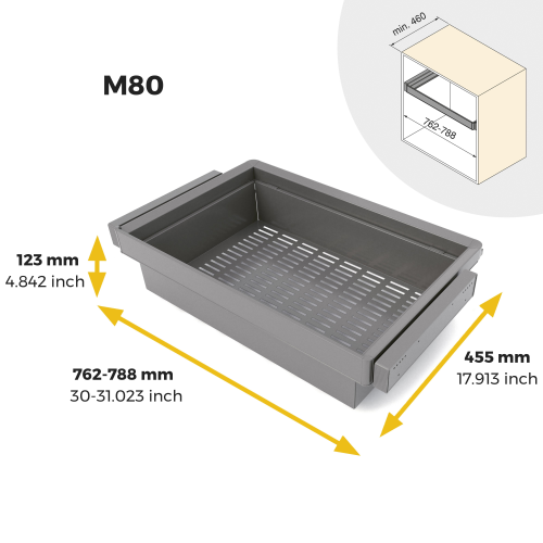 Kit cassetto metallico e telaio regolabile Quartz per armadi, chiusura ammortizzata e estrazione totale