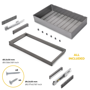 Kit cassetto metallico e telaio regolabile Quartz per armadi, chiusura ammortizzata e estrazione totale