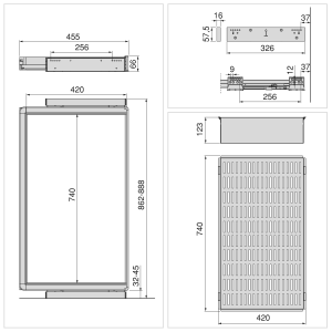 Kit cassetto metallico e telaio regolabile Quartz per armadi, chiusura ammortizzata e estrazione totale