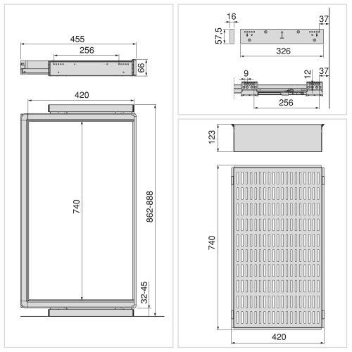 Kit cassetto metallico e telaio regolabile Quartz per armadi, chiusura ammortizzata e estrazione totale