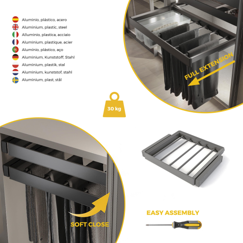 Kit portapantaloni a 7 aste e telaio regolabile Quartz per armadi, chiusura ammortizzata e estrazione totale