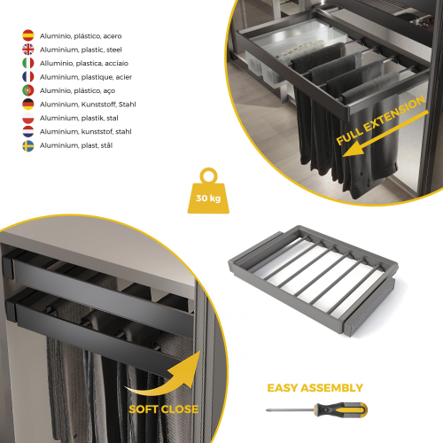 Kit portapantaloni a 7 aste e telaio regolabile Quartz per armadi, chiusura ammortizzata e estrazione totale