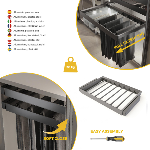 Kit portapantaloni a 7 aste e telaio regolabile Quartz per armadi, chiusura ammortizzata e estrazione totale