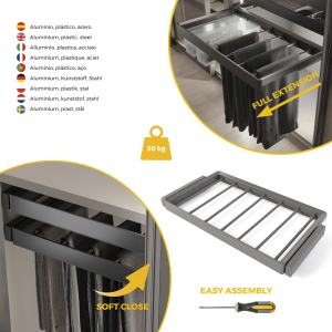 Kit portapantaloni a 7 aste e telaio regolabile Quartz per armadi, chiusura ammortizzata e estrazione totale