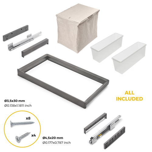 Kit di ripiano ausiliario, cestello e telaio regolabile Quartz per armadi, chiusura ammortizzata e estrazione totale