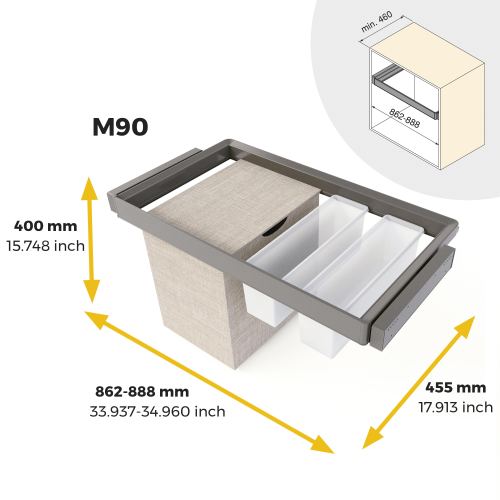 Kit di ripiano ausiliario, cestello e telaio regolabile Quartz per armadi, chiusura ammortizzata e estrazione totale