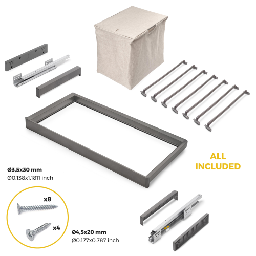 Kit portapantaloni a 7 aste, cestello e telaio regolabile Quartz per armadi, chiusura ammortizzata e estrazione totale