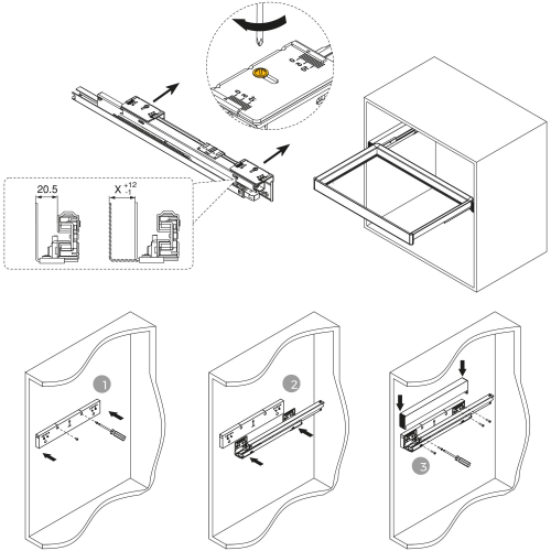 Telaio con guide a estrazione totale e chiusura morbida per accessori per armadi Quartz